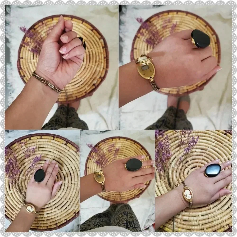 Vintage Huge Black Gold Wire Stone Boho Southwestern Artisan Statement Ring